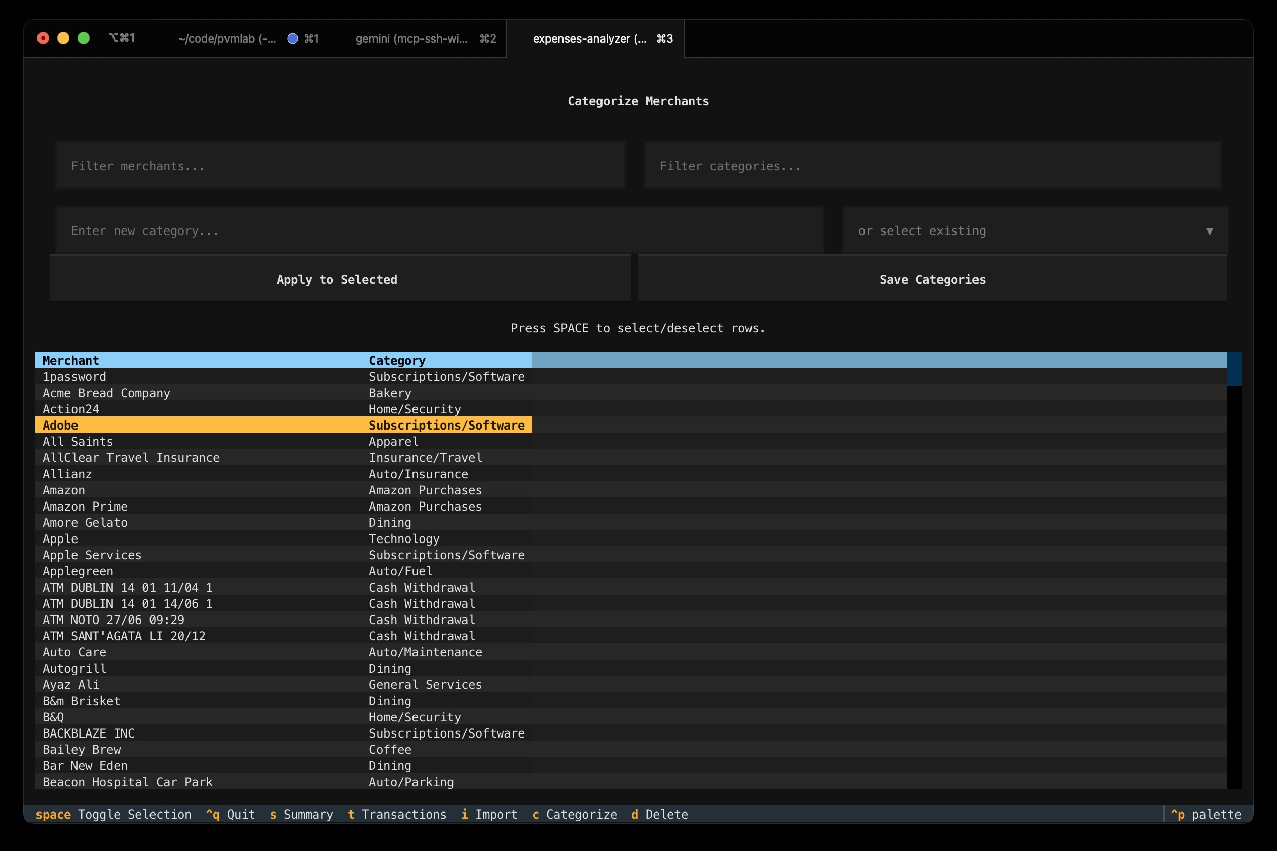 The merchant categorization screen /posts/2025/11/02/expenses_analyzer/screenshots/categorize-merchants.jpg