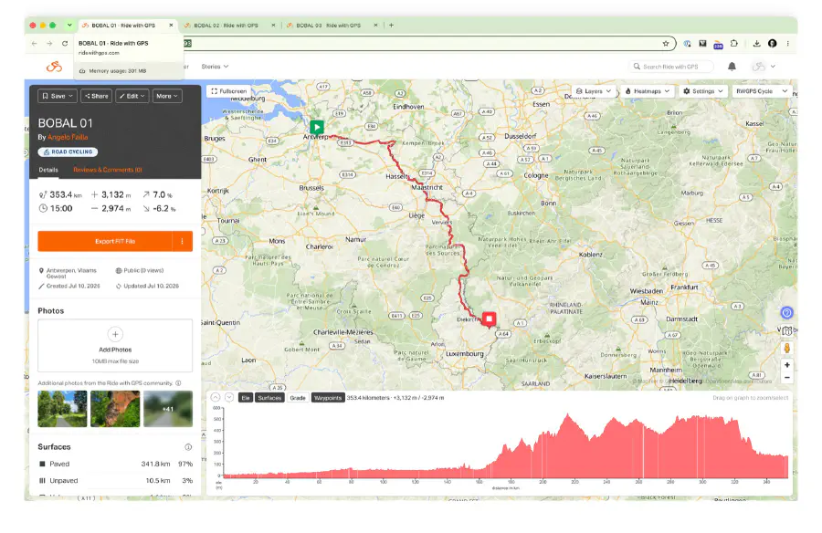 RideWithGPS map and elevation profile for day 1, Antwerp to near Diekirch