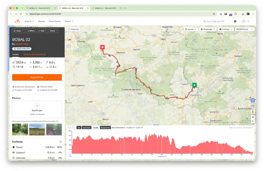 RideWithGPS map and elevation profile for day 2, Echternach to near Charleroi