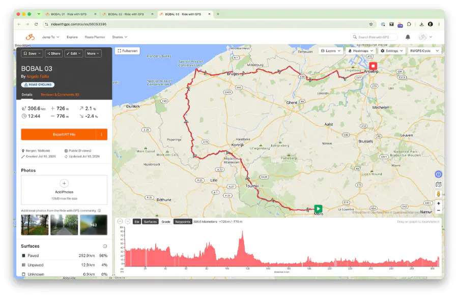RideWithGPS map and elevation profile for day 3, Mons through Bruges back to Antwerp