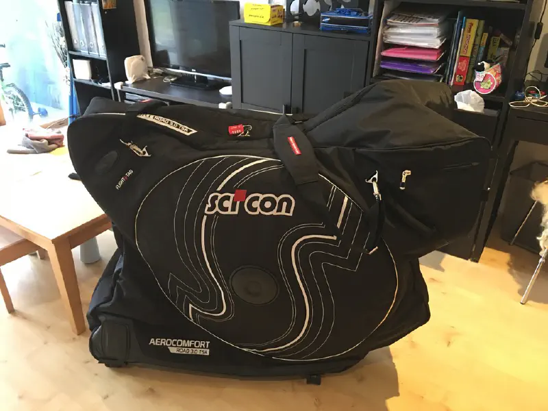 The Scicon AeroComfort 3.0 bike travel case, closed and ready to go